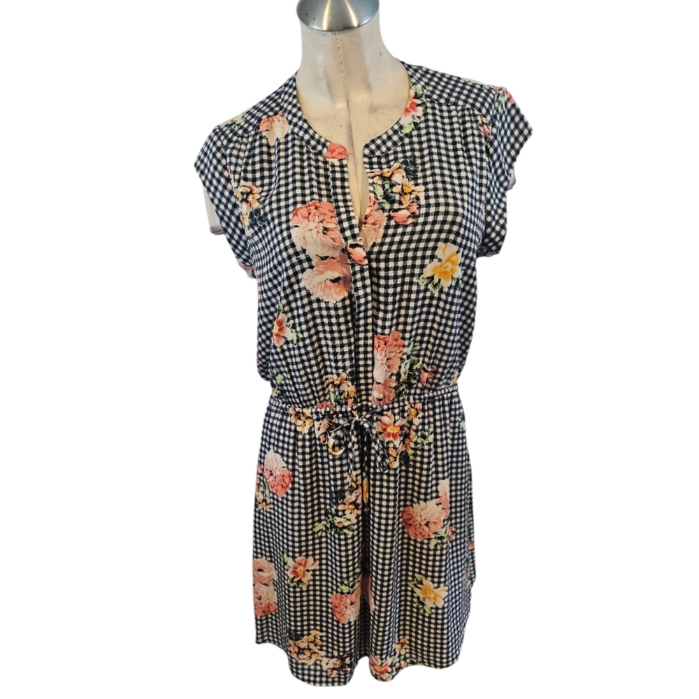 DR2 Daniel Rainn Dress Size M Blue White Gingham Floral Pattern Drawstring Waist
